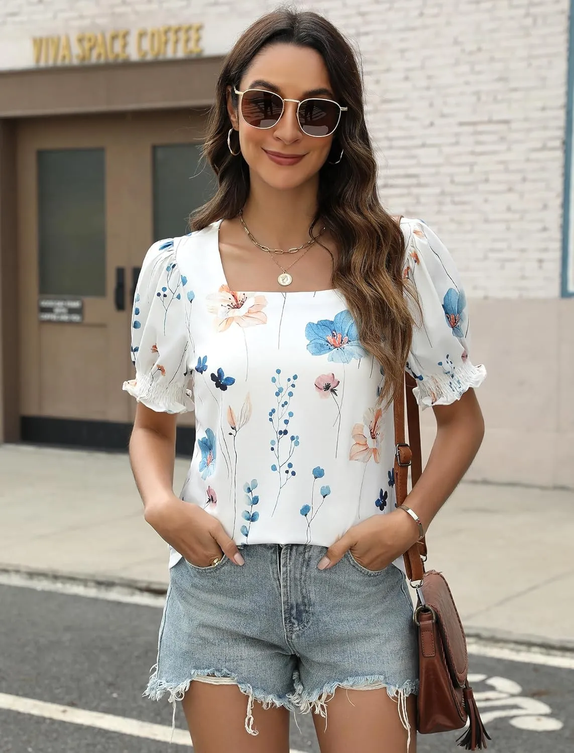 Womens Square Neck Puff Sleeve Top Short Sleeve Casual Smocked Cuff Blouse for Summer Outfits Tee Shirts
