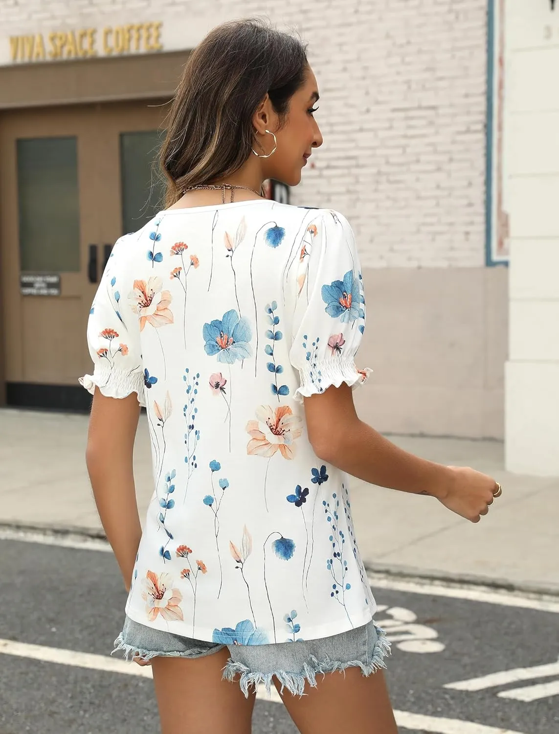 Womens Square Neck Puff Sleeve Top Short Sleeve Casual Smocked Cuff Blouse for Summer Outfits Tee Shirts