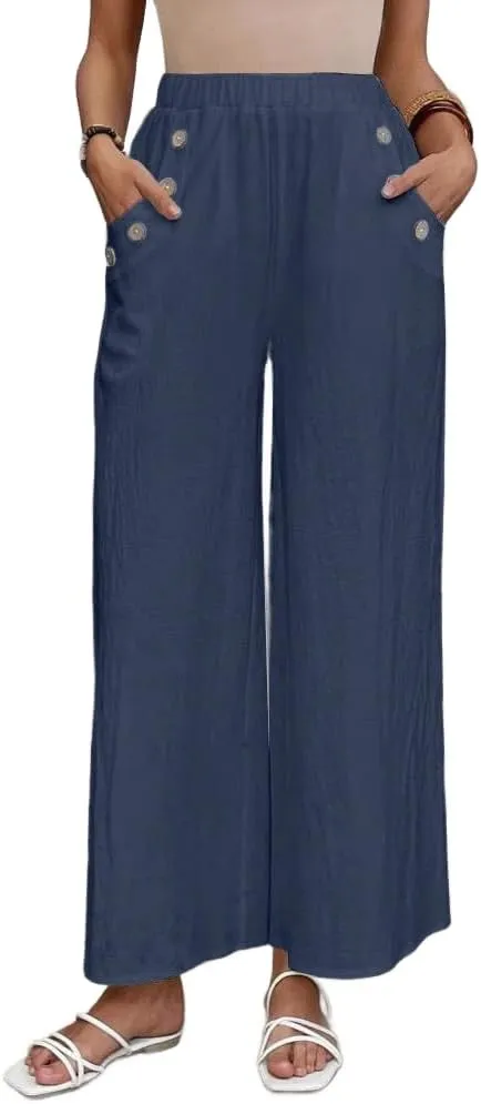Women's Summer Cotton Linen Wide Leg Pants Casual Elastic Waist Loose Trousers High Waisted Work Beach Pants