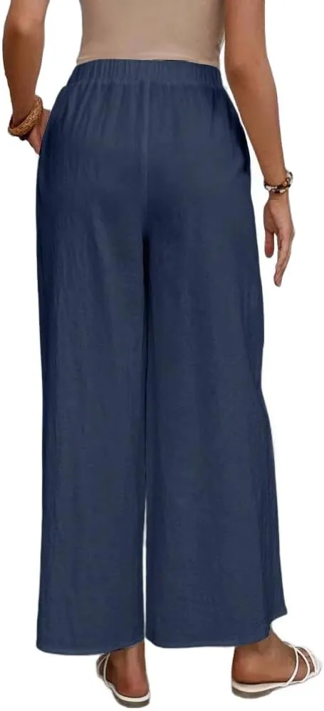 Women's Summer Cotton Linen Wide Leg Pants Casual Elastic Waist Loose Trousers High Waisted Work Beach Pants