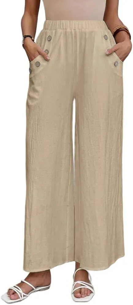Women's Summer Cotton Linen Wide Leg Pants Casual Elastic Waist Loose Trousers High Waisted Work Beach Pants