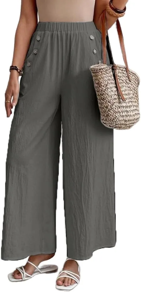 Women's Summer Cotton Linen Wide Leg Pants Casual Elastic Waist Loose Trousers High Waisted Work Beach Pants