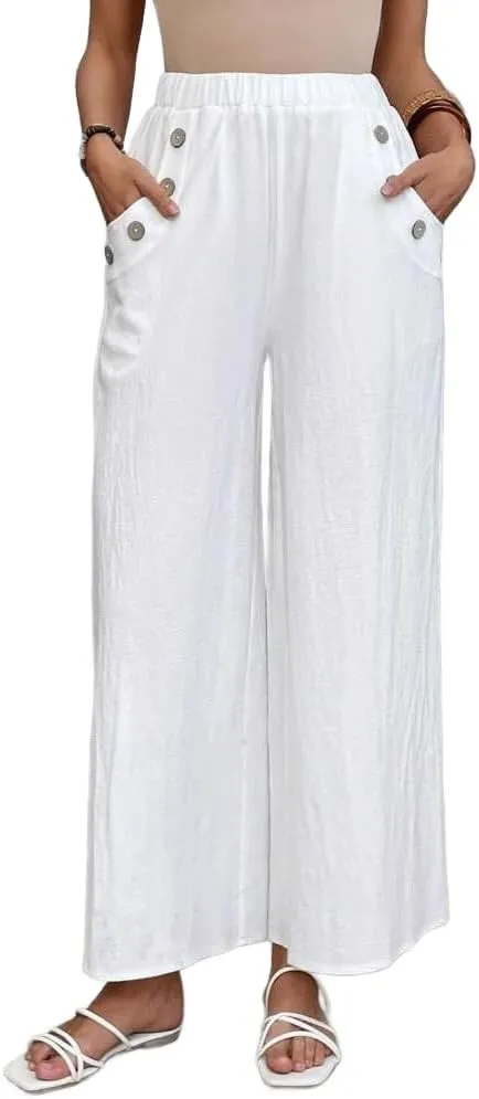 Women's Summer Cotton Linen Wide Leg Pants Casual Elastic Waist Loose Trousers High Waisted Work Beach Pants