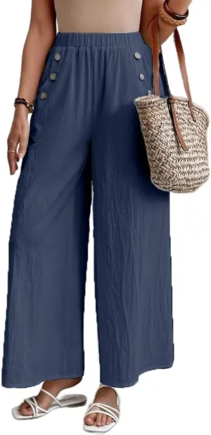 Women's Summer Cotton Linen Wide Leg Pants Casual Elastic Waist Loose Trousers High Waisted Work Beach Pants