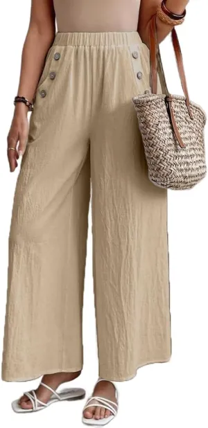 Women's Summer Cotton Linen Wide Leg Pants Casual Elastic Waist Loose Trousers High Waisted Work Beach Pants