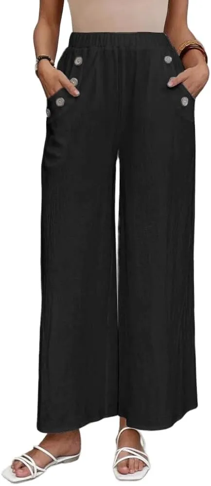 Women's Summer Cotton Linen Wide Leg Pants Casual Elastic Waist Loose Trousers High Waisted Work Beach Pants