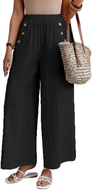 Women's Summer Cotton Linen Wide Leg Pants Casual Elastic Waist Loose Trousers High Waisted Work Beach Pants