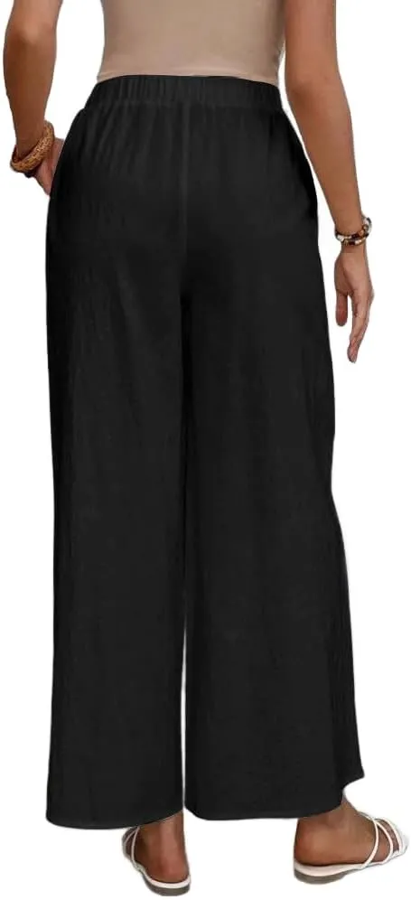 Women's Summer Cotton Linen Wide Leg Pants Casual Elastic Waist Loose Trousers High Waisted Work Beach Pants