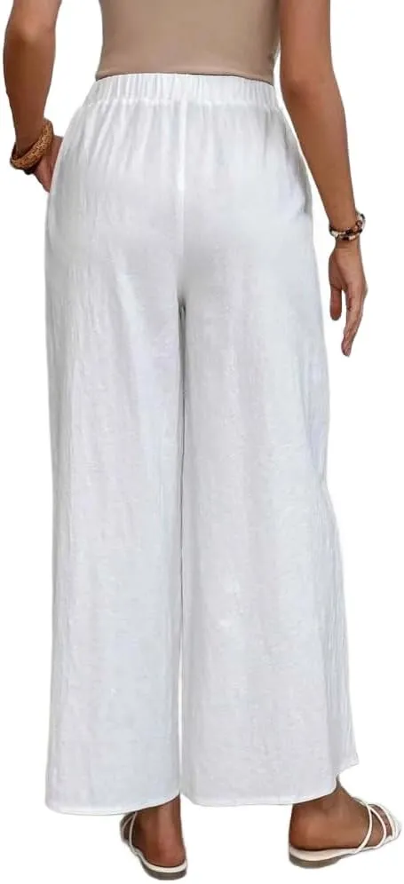 Women's Summer Cotton Linen Wide Leg Pants Casual Elastic Waist Loose Trousers High Waisted Work Beach Pants