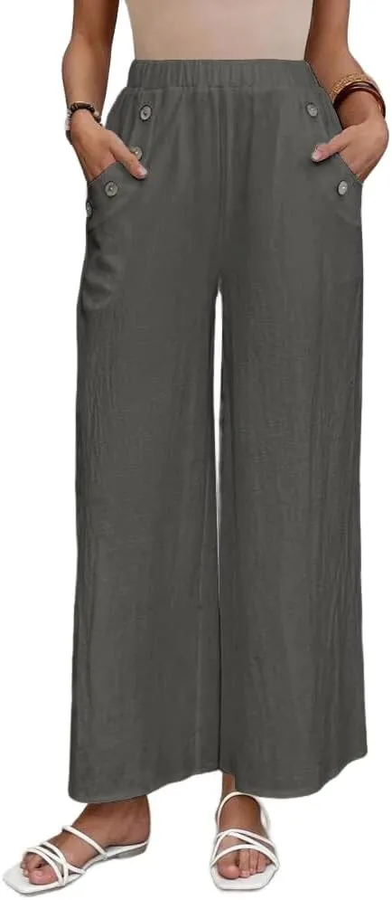 Women's Summer Cotton Linen Wide Leg Pants Casual Elastic Waist Loose Trousers High Waisted Work Beach Pants