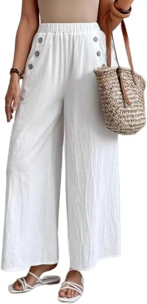 Women's Summer Cotton Linen Wide Leg Pants Casual Elastic Waist Loose Trousers High Waisted Work Beach Pants