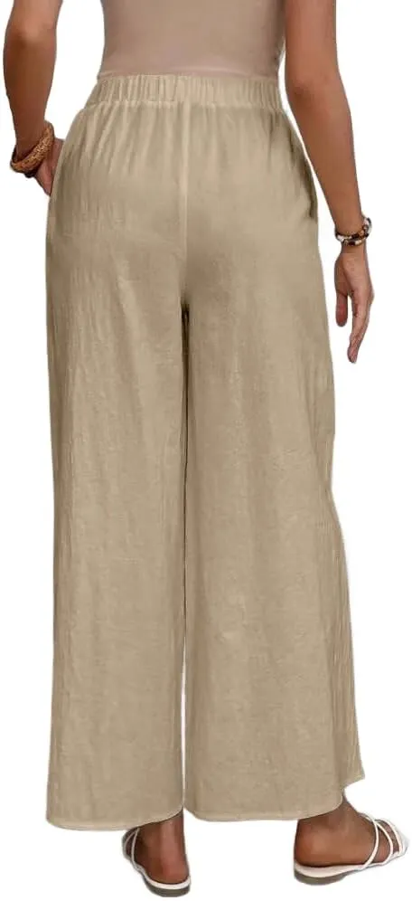 Women's Summer Cotton Linen Wide Leg Pants Casual Elastic Waist Loose Trousers High Waisted Work Beach Pants