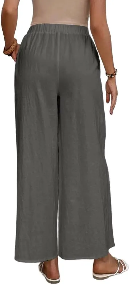Women's Summer Cotton Linen Wide Leg Pants Casual Elastic Waist Loose Trousers High Waisted Work Beach Pants
