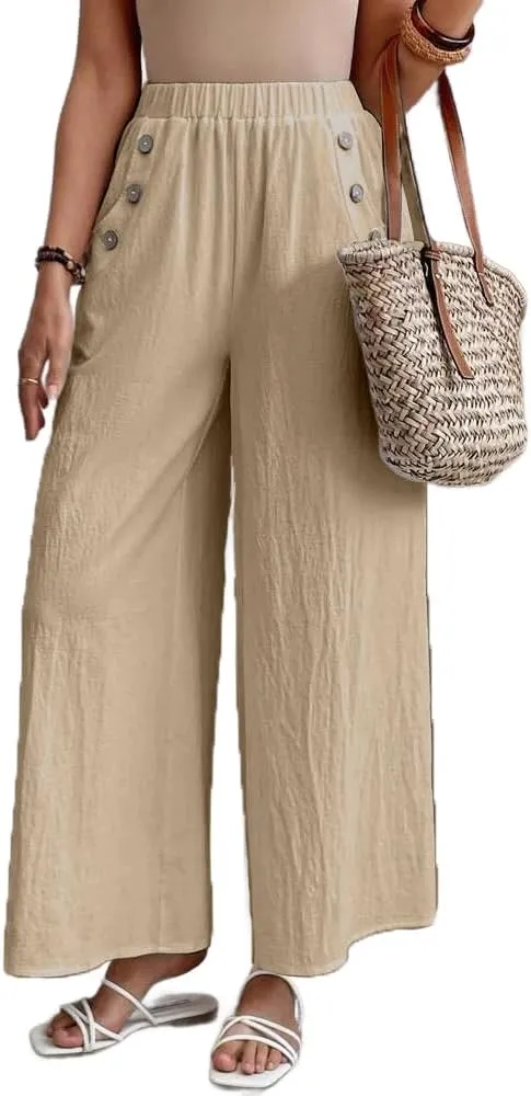 Women's Summer Cotton Linen Wide Leg Pants Casual Elastic Waist Loose Trousers High Waisted Work Beach Pants