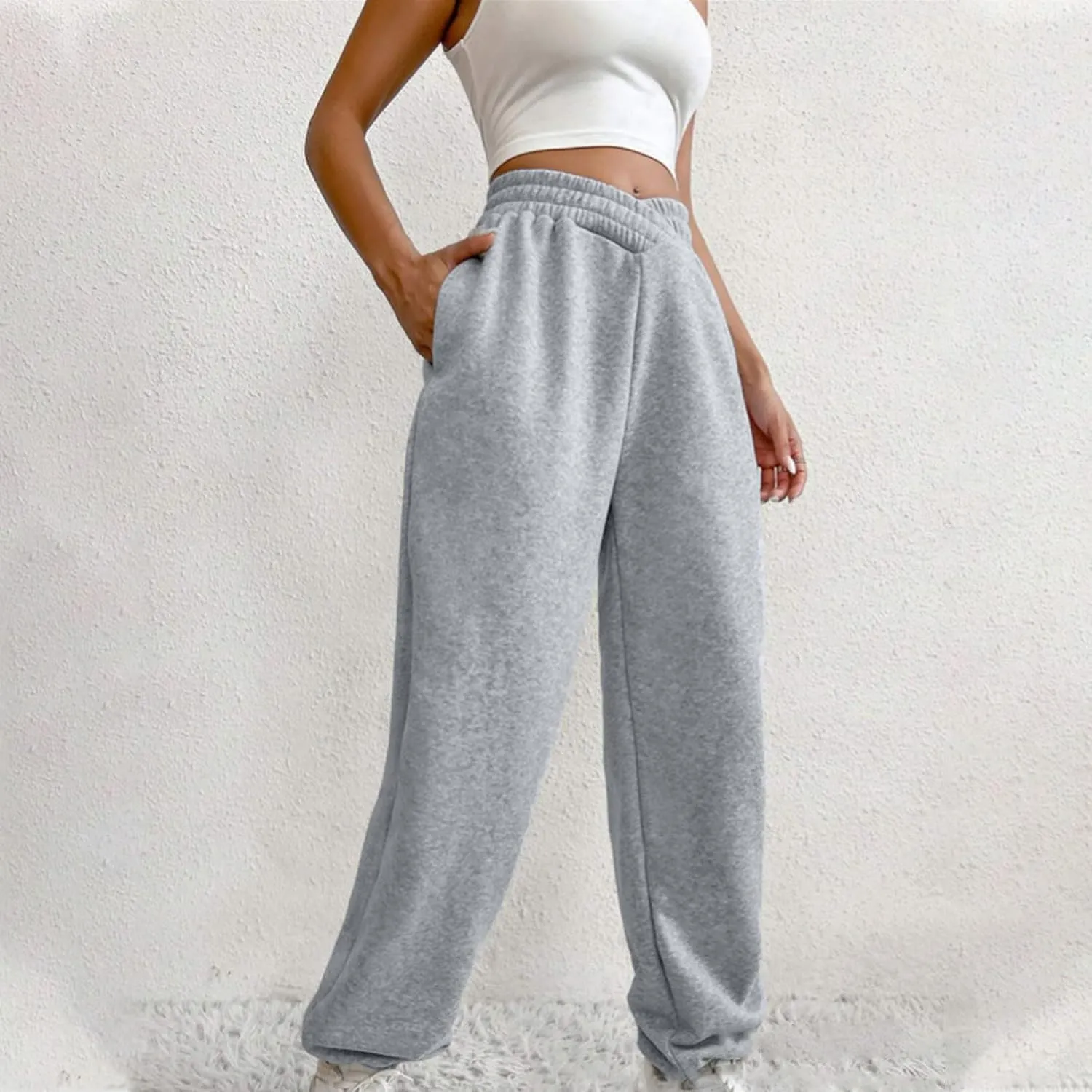 Women's Trendy Trousers Solid Color High Elastic Waist Cuffed Slant Sweatpants Athletic Sports Joggers Casual Bottom