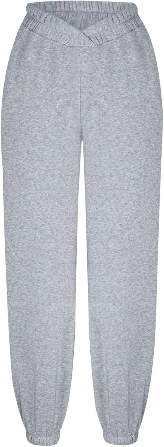 Women's Trendy Trousers Solid Color High Elastic Waist Cuffed Slant Sweatpants Athletic Sports Joggers Casual Bottom