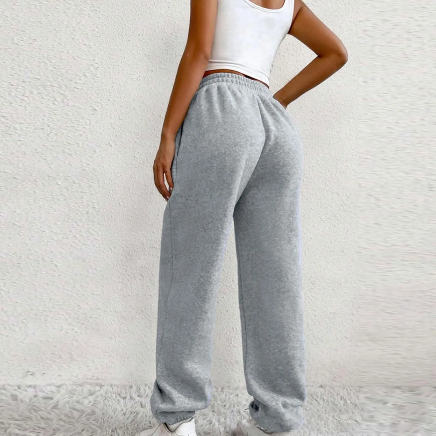 Women's Trendy Trousers Solid Color High Elastic Waist Cuffed Slant Sweatpants Athletic Sports Joggers Casual Bottom