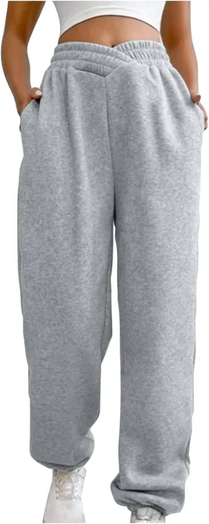 Women's Trendy Trousers Solid Color High Elastic Waist Cuffed Slant Sweatpants Athletic Sports Joggers Casual Bottom