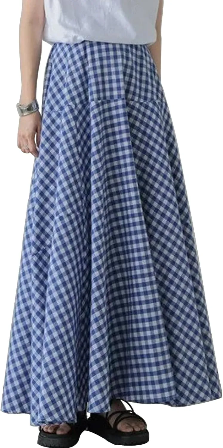 Womens Vintage Plaid Long Skirts Gingham A Line Summer Spring High Elastic Waisted Pleated Flowy Swing Midi Skirt