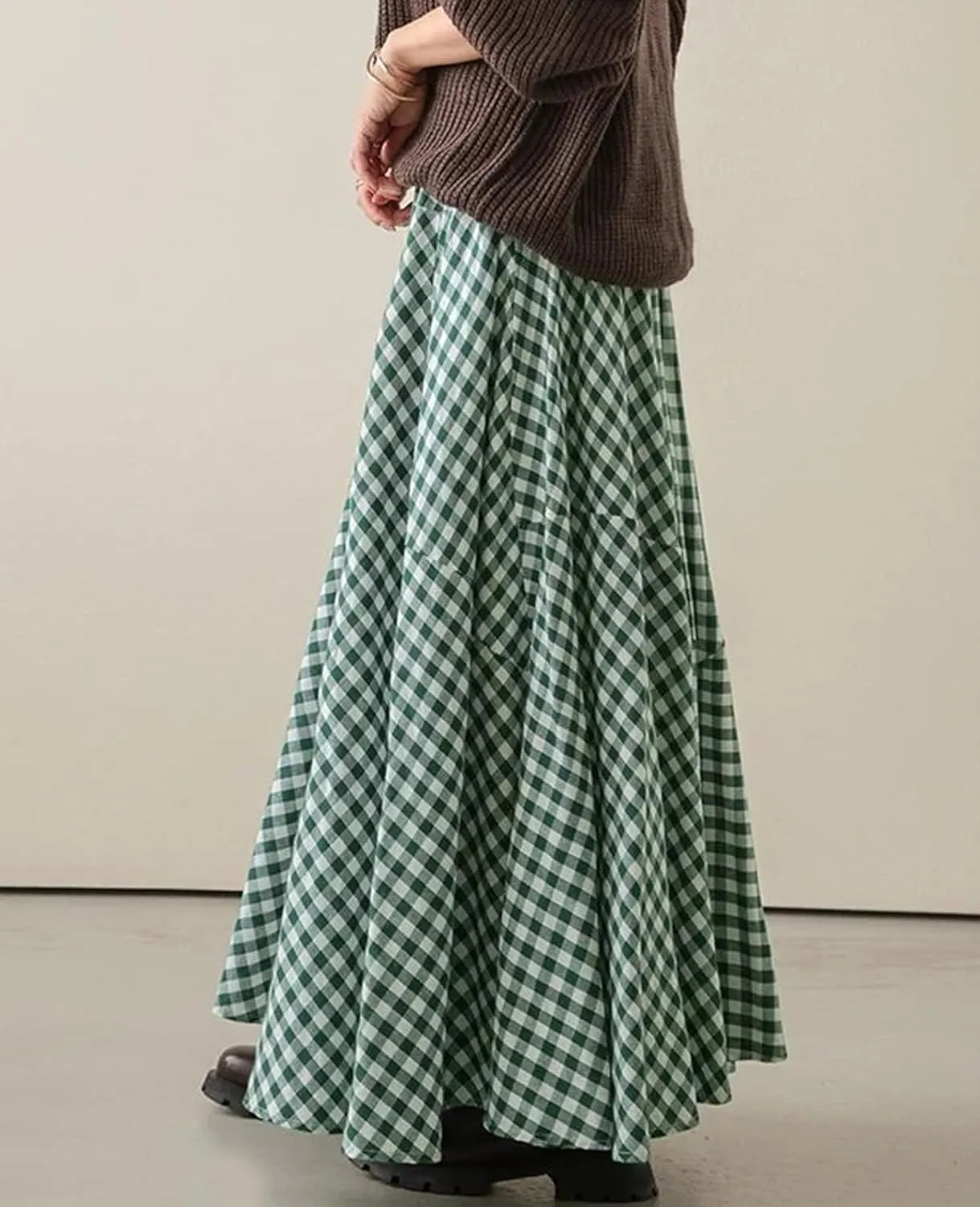 Womens Vintage Plaid Long Skirts Gingham A Line Summer Spring High Elastic Waisted Pleated Flowy Swing Midi Skirt