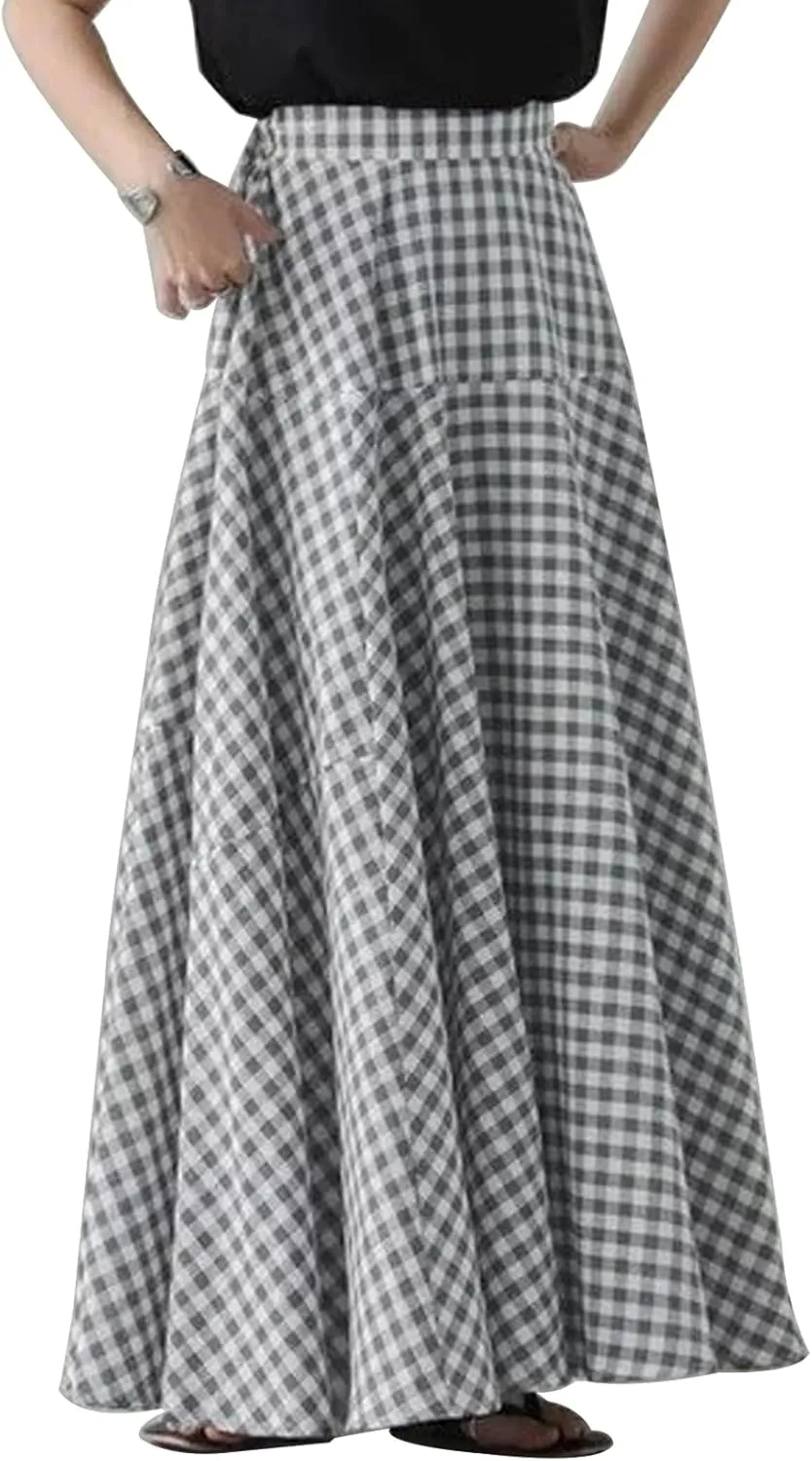Womens Vintage Plaid Long Skirts Gingham A Line Summer Spring High Elastic Waisted Pleated Flowy Swing Midi Skirt