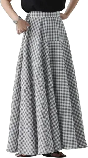 Womens Vintage Plaid Long Skirts Gingham A Line Summer Spring High Elastic Waisted Pleated Flowy Swing Midi Skirt