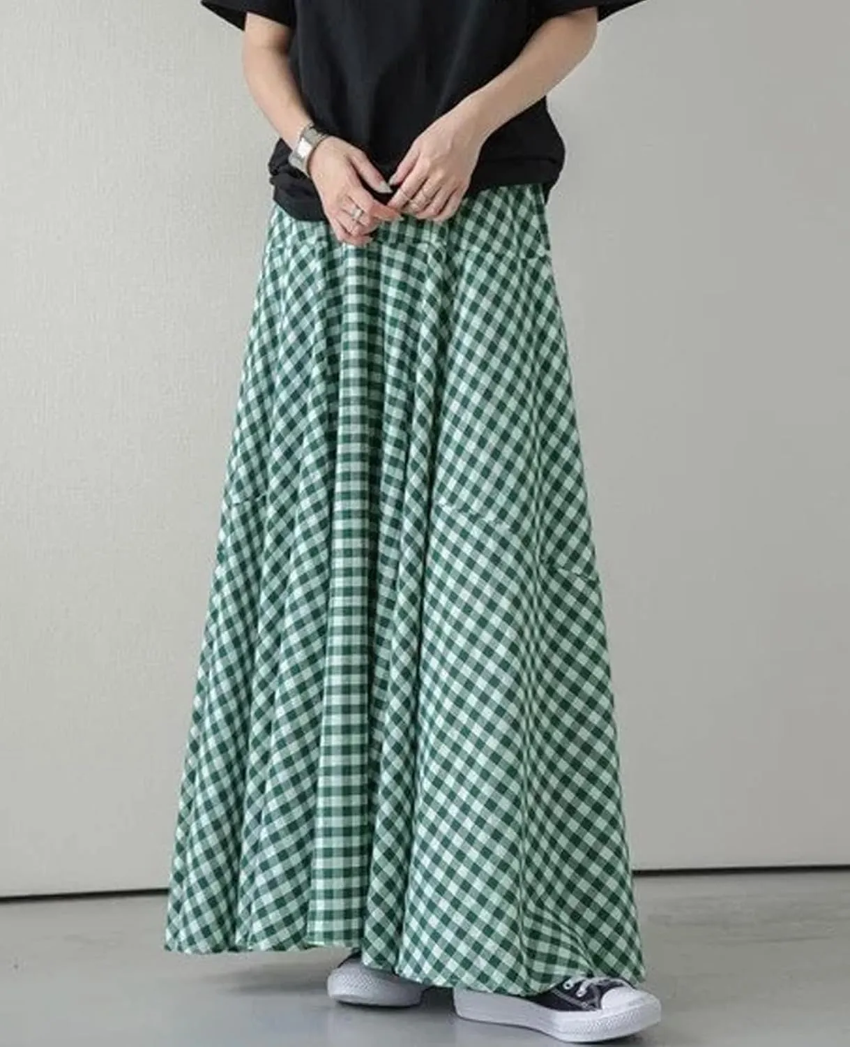 Womens Vintage Plaid Long Skirts Gingham A Line Summer Spring High Elastic Waisted Pleated Flowy Swing Midi Skirt