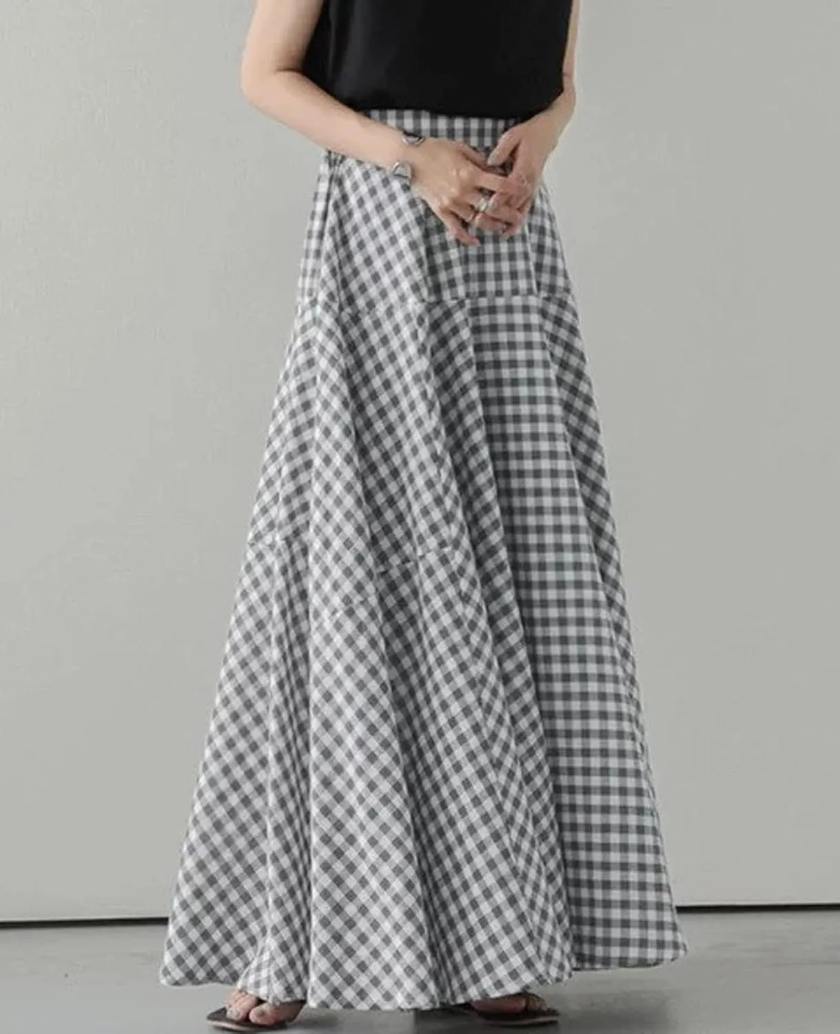 Womens Vintage Plaid Long Skirts Gingham A Line Summer Spring High Elastic Waisted Pleated Flowy Swing Midi Skirt