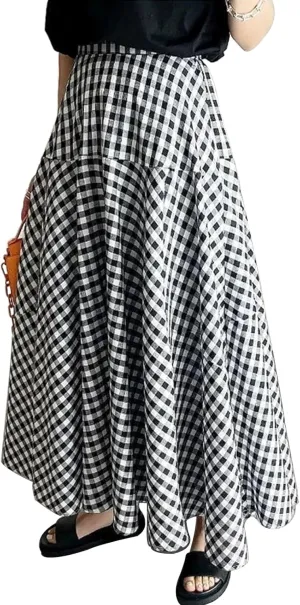 Womens Vintage Plaid Long Skirts Gingham A Line Summer Spring High Elastic Waisted Pleated Flowy Swing Midi Skirt