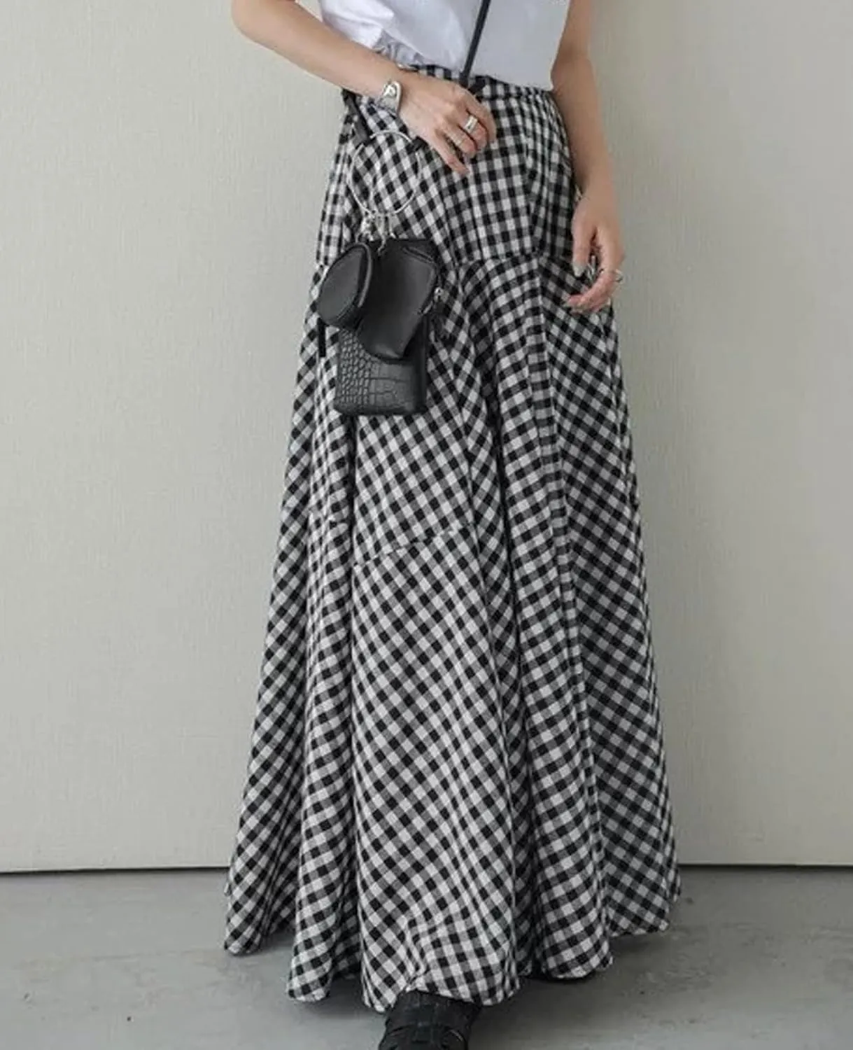Womens Vintage Plaid Long Skirts Gingham A Line Summer Spring High Elastic Waisted Pleated Flowy Swing Midi Skirt