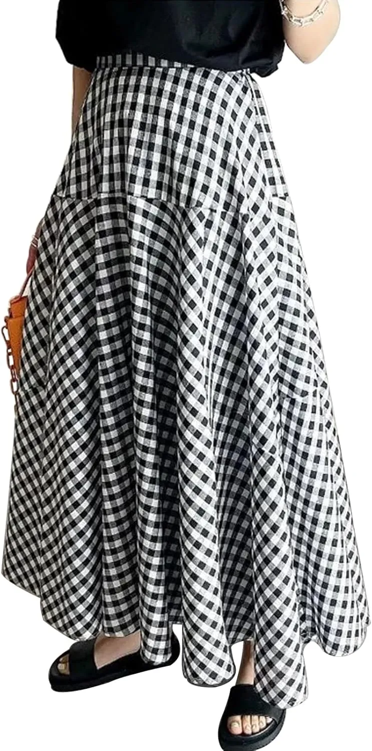 Womens Vintage Plaid Long Skirts Gingham A Line Summer Spring High Elastic Waisted Pleated Flowy Swing Midi Skirt