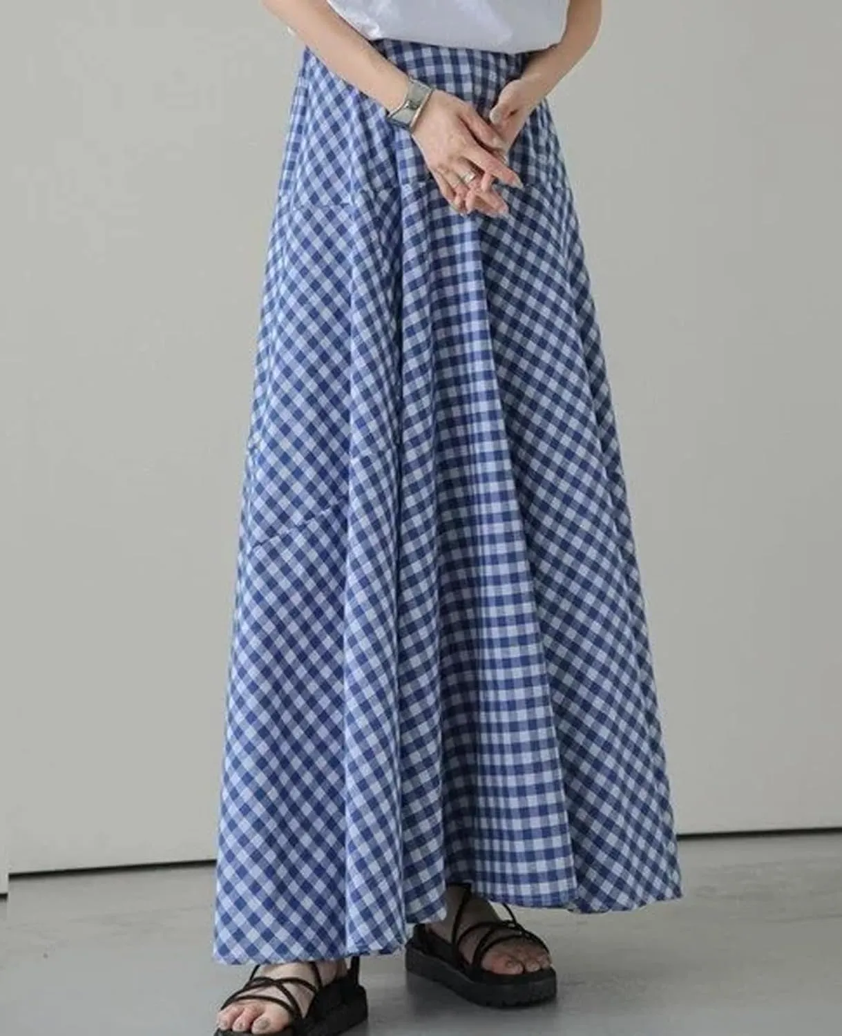 Womens Vintage Plaid Long Skirts Gingham A Line Summer Spring High Elastic Waisted Pleated Flowy Swing Midi Skirt