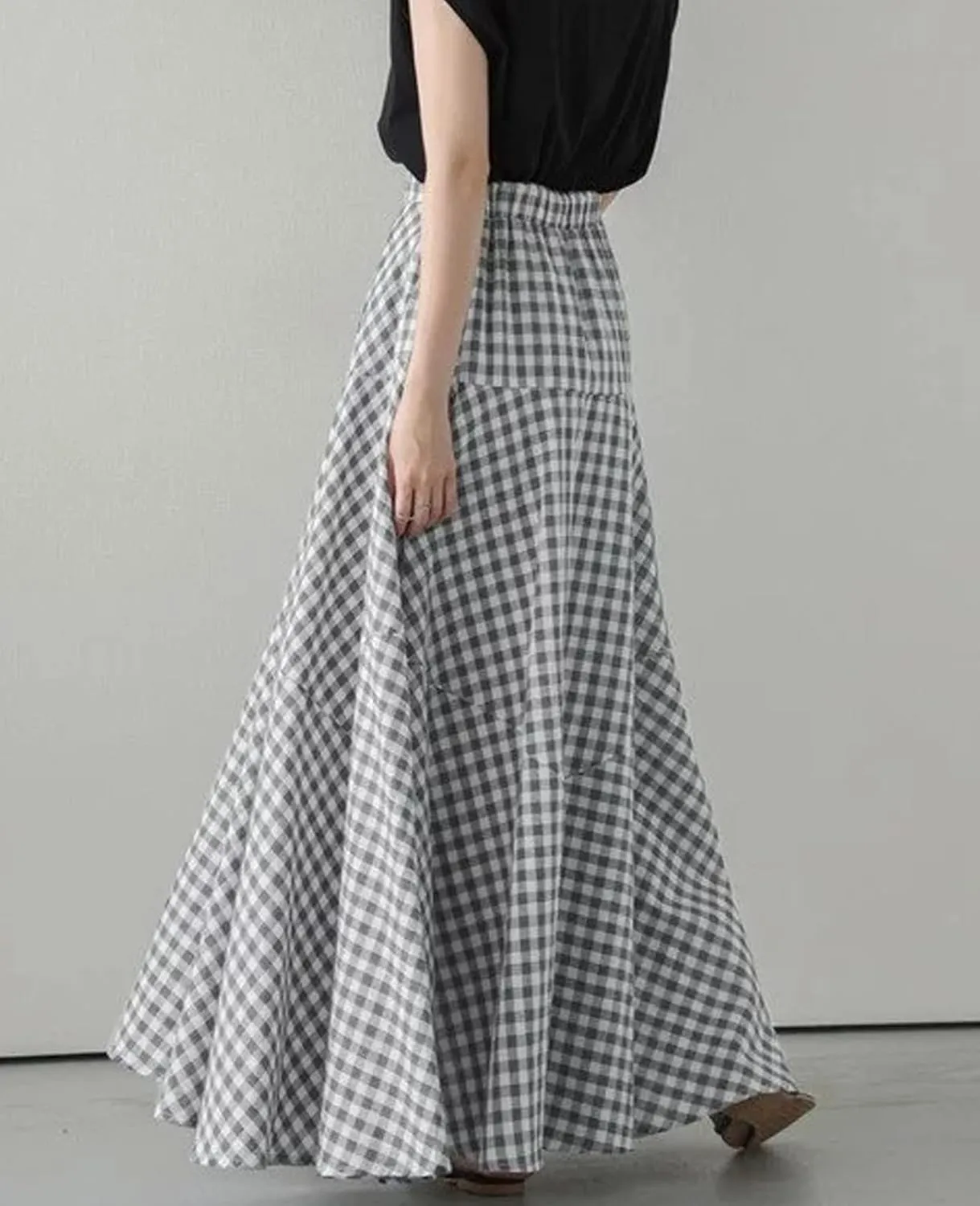 Womens Vintage Plaid Long Skirts Gingham A Line Summer Spring High Elastic Waisted Pleated Flowy Swing Midi Skirt