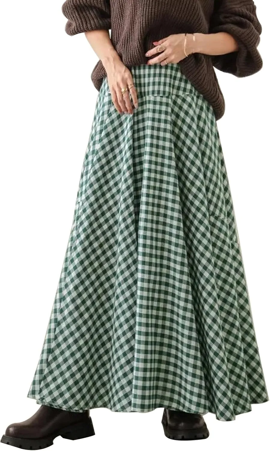 Womens Vintage Plaid Long Skirts Gingham A Line Summer Spring High Elastic Waisted Pleated Flowy Swing Midi Skirt