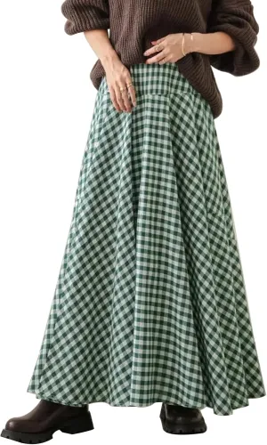 Womens Vintage Plaid Long Skirts Gingham A Line Summer Spring High Elastic Waisted Pleated Flowy Swing Midi Skirt