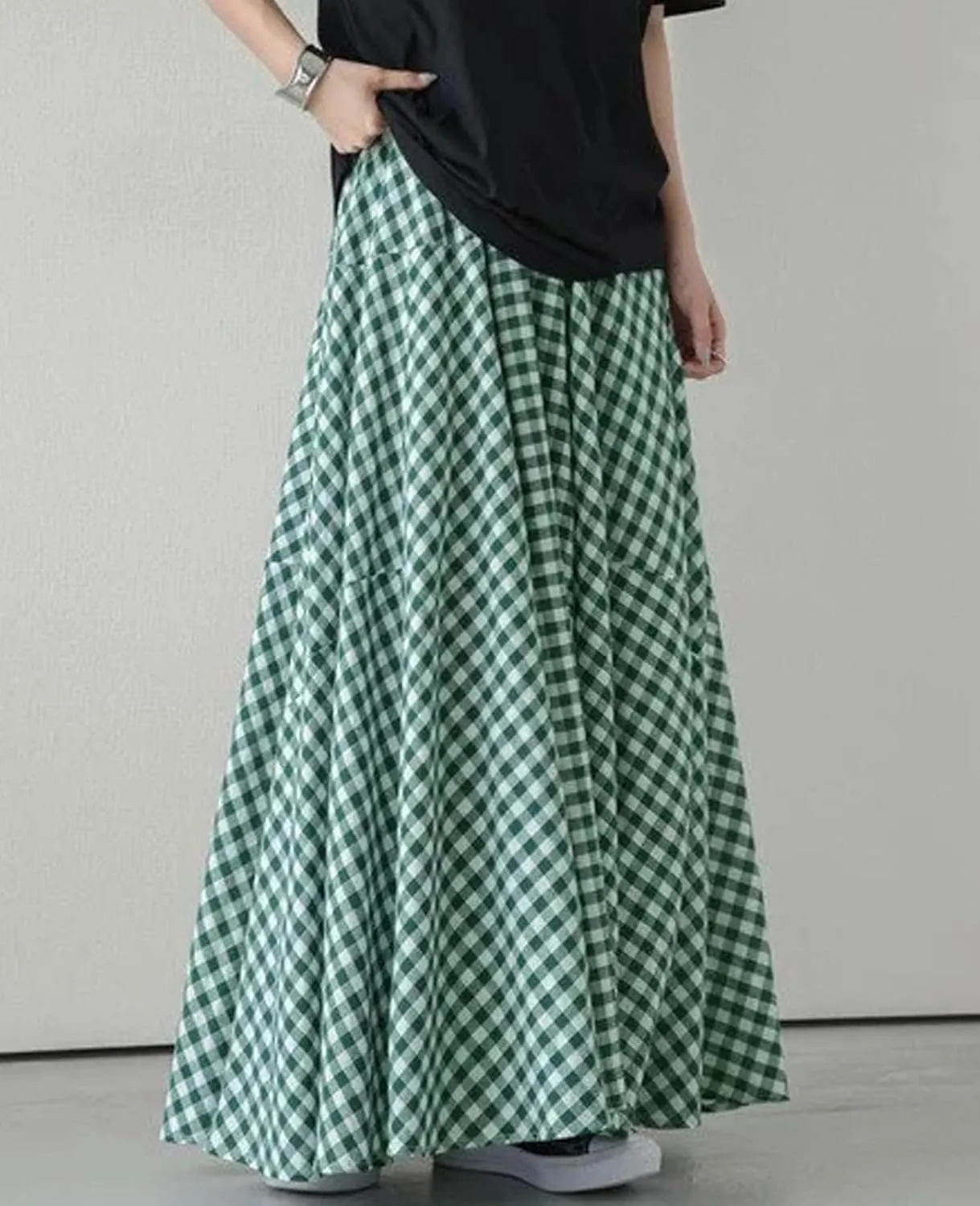 Womens Vintage Plaid Long Skirts Gingham A Line Summer Spring High Elastic Waisted Pleated Flowy Swing Midi Skirt