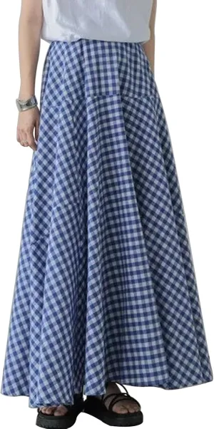 Womens Vintage Plaid Long Skirts Gingham A Line Summer Spring High Elastic Waisted Pleated Flowy Swing Midi Skirt