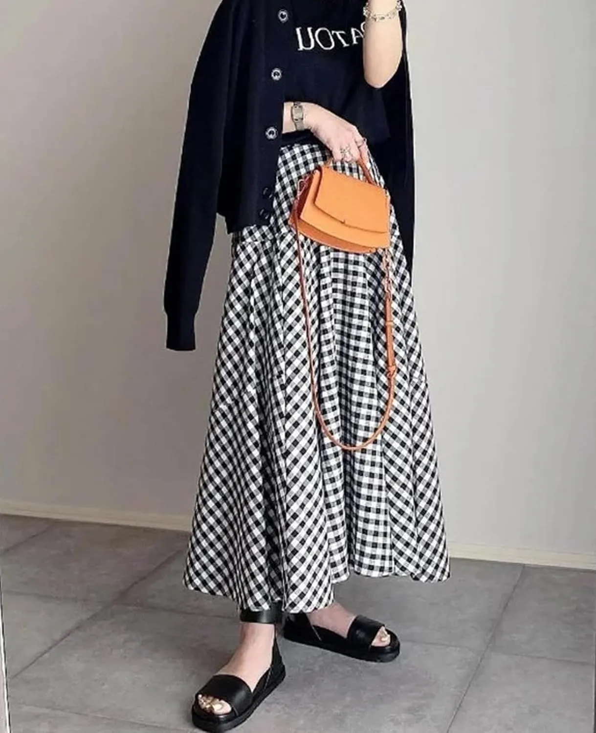 Womens Vintage Plaid Long Skirts Gingham A Line Summer Spring High Elastic Waisted Pleated Flowy Swing Midi Skirt