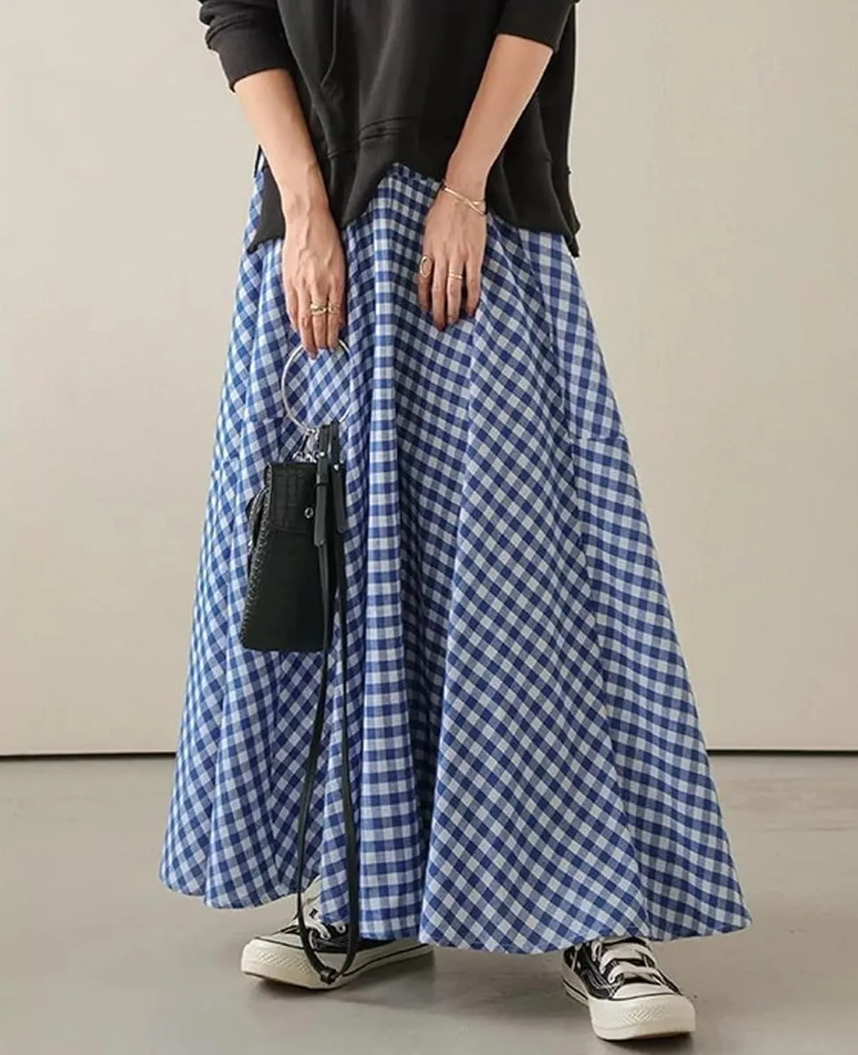 Womens Vintage Plaid Long Skirts Gingham A Line Summer Spring High Elastic Waisted Pleated Flowy Swing Midi Skirt