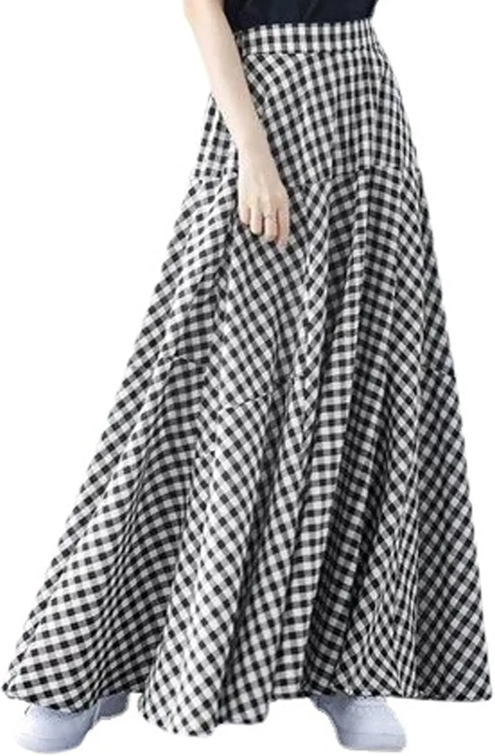 Womens Vintage Plaid Long Skirts Gingham A Line Summer Spring High Elastic Waisted Pleated Flowy Swing Midi Skirt