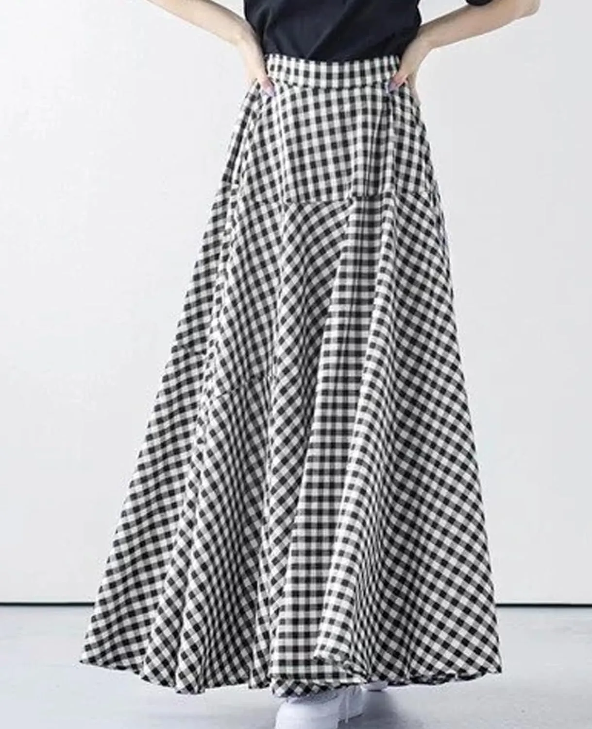 Womens Vintage Plaid Long Skirts Gingham A Line Summer Spring High Elastic Waisted Pleated Flowy Swing Midi Skirt