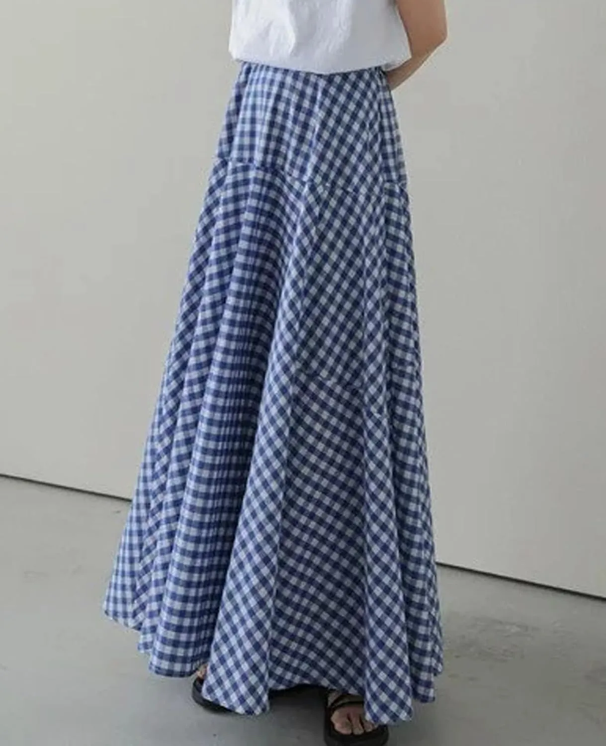 Womens Vintage Plaid Long Skirts Gingham A Line Summer Spring High Elastic Waisted Pleated Flowy Swing Midi Skirt