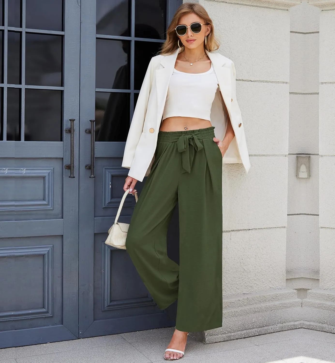 Women's Wide Leg Flowy Pants High Waisted Loose Palazzo Pants Dressy Casual Business Work Trousers with Pockets