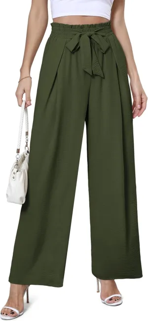 Women's Wide Leg Flowy Pants High Waisted Loose Palazzo Pants Dressy Casual Business Work Trousers with Pockets