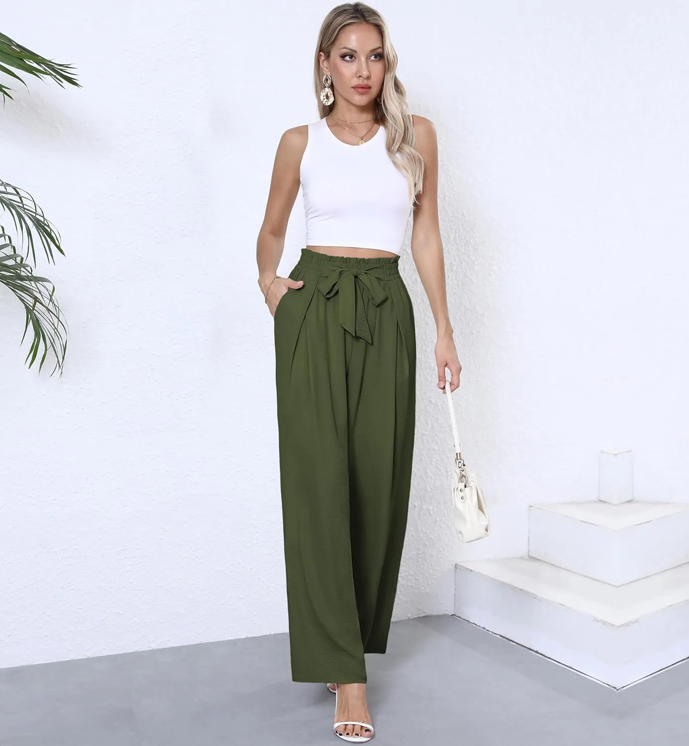 Women's Wide Leg Flowy Pants High Waisted Loose Palazzo Pants Dressy Casual Business Work Trousers with Pockets