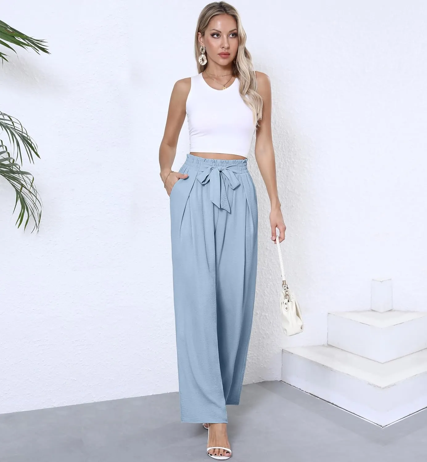 Women's Wide Leg Flowy Pants High Waisted Loose Palazzo Pants Dressy Casual Business Work Trousers with Pockets