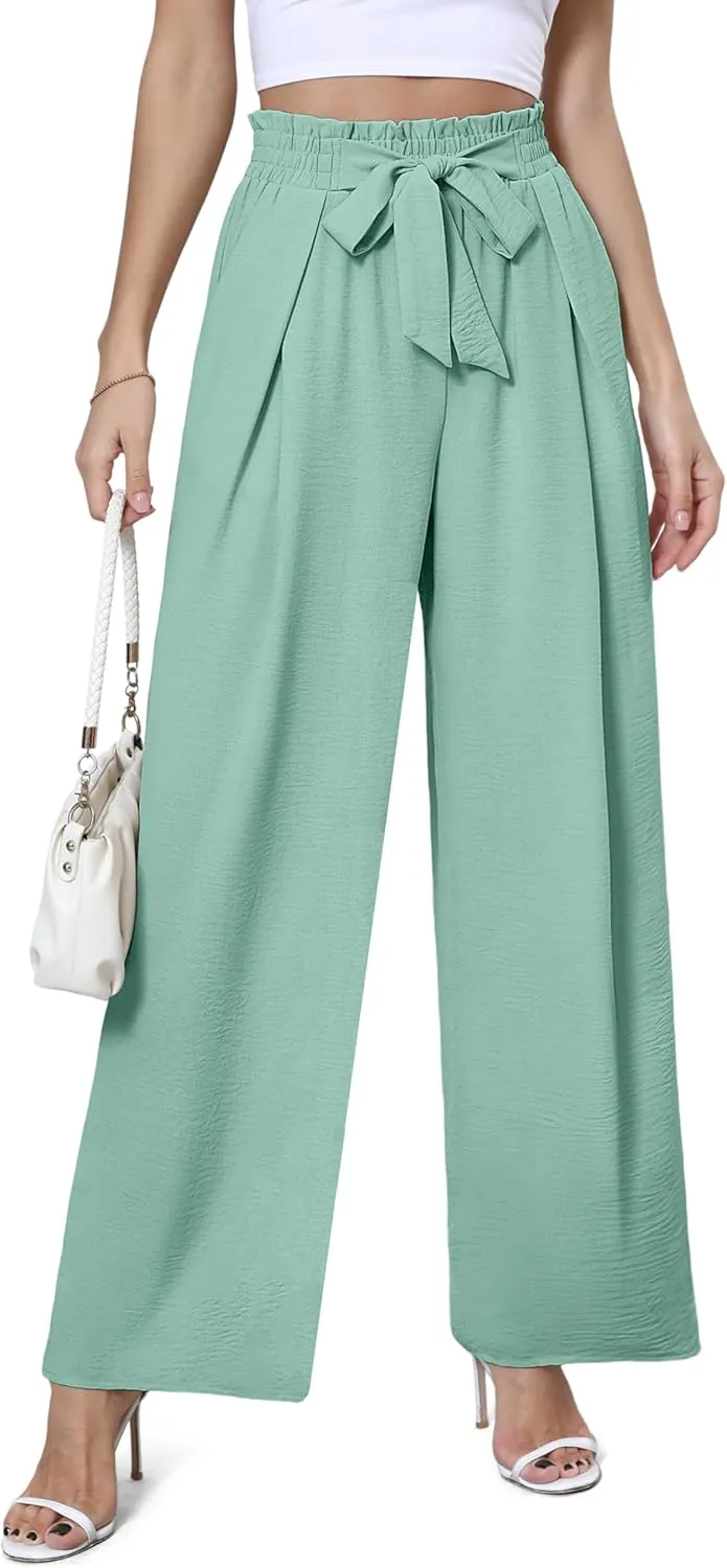 Women's Wide Leg Flowy Pants High Waisted Loose Palazzo Pants Dressy Casual Business Work Trousers with Pockets