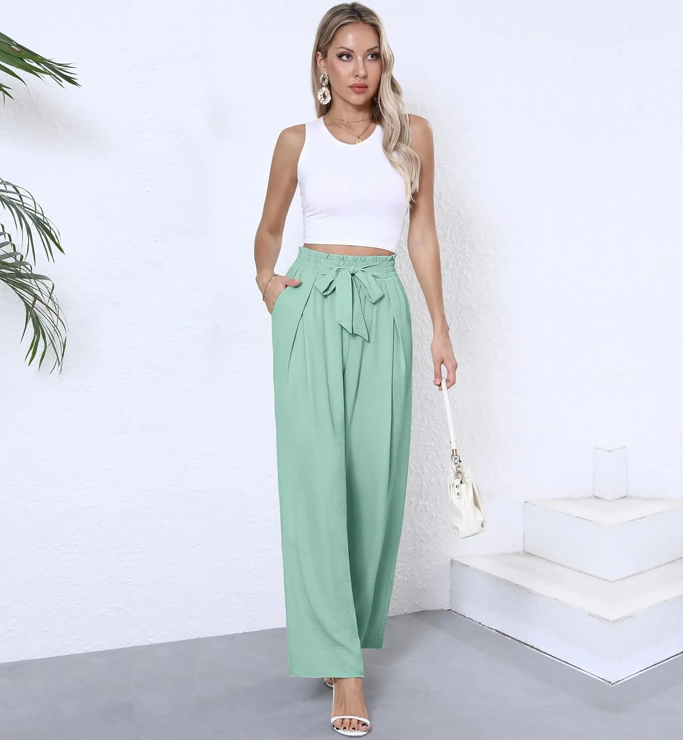 Women's Wide Leg Flowy Pants High Waisted Loose Palazzo Pants Dressy Casual Business Work Trousers with Pockets