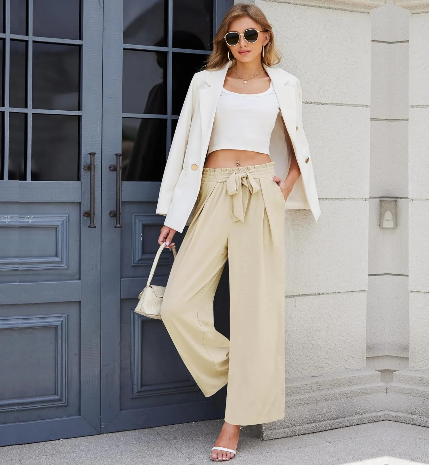 Women's Wide Leg Flowy Pants High Waisted Loose Palazzo Pants Dressy Casual Business Work Trousers with Pockets