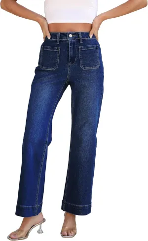 Women's Wide Leg Jeans Trendy High Rise Straight Leg Jeans for Women Stretchy Pockets Bootcut Denim Pants